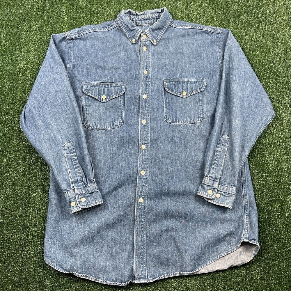 Woolrich Shirt Mens Large Blue Denim Long Sleeve Button-Down Casual USA Made 90s